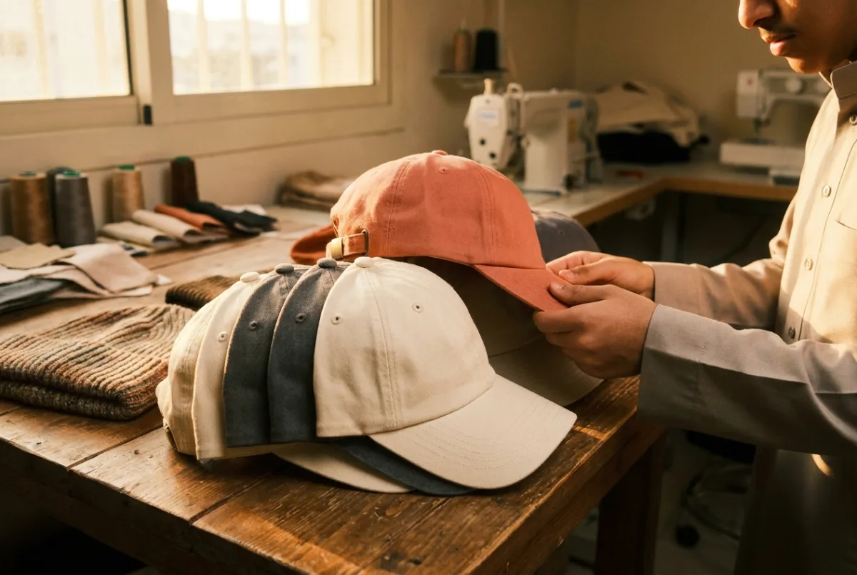 Cream, charcoal, and snapback caps stacked on a wooden shelf with one coral cap in view