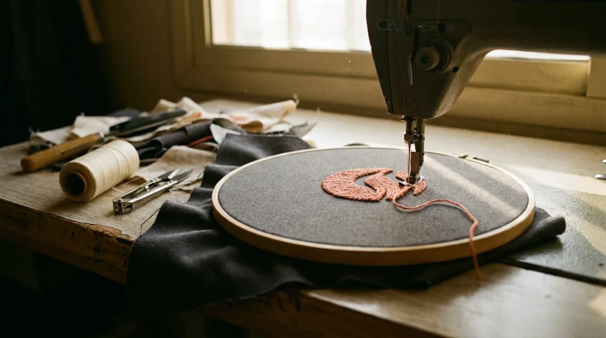 A charcoal hoodie panel held on an embroidery hoop with a half-finished coral logo in raised thread under the needle