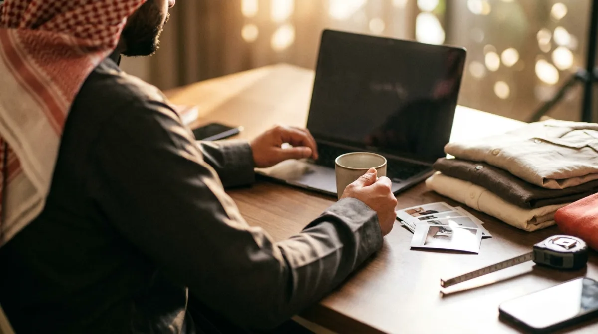 A store owner reviewing ad campaign performance on a laptop with products beside them on a warm desk