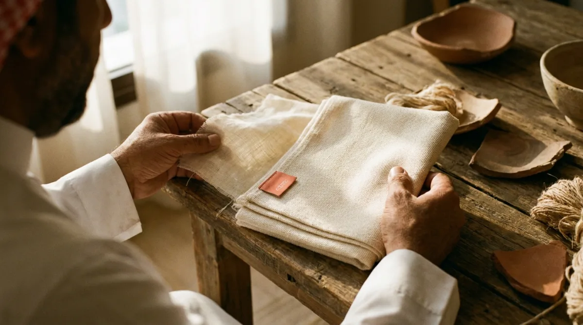 A Saudi seller inspecting product samples on a table and comparing them