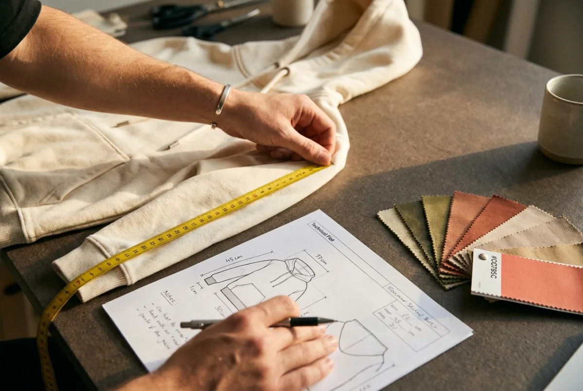A designer's desk with technical flat sketches, a hoodie, a measuring tape, and fabric swatches