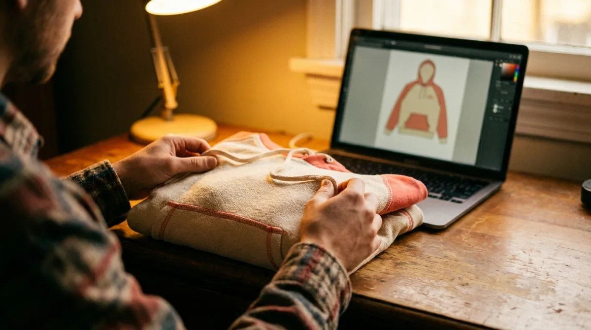 A designer comparing a laptop mockup to a real printed sample hoodie in hand