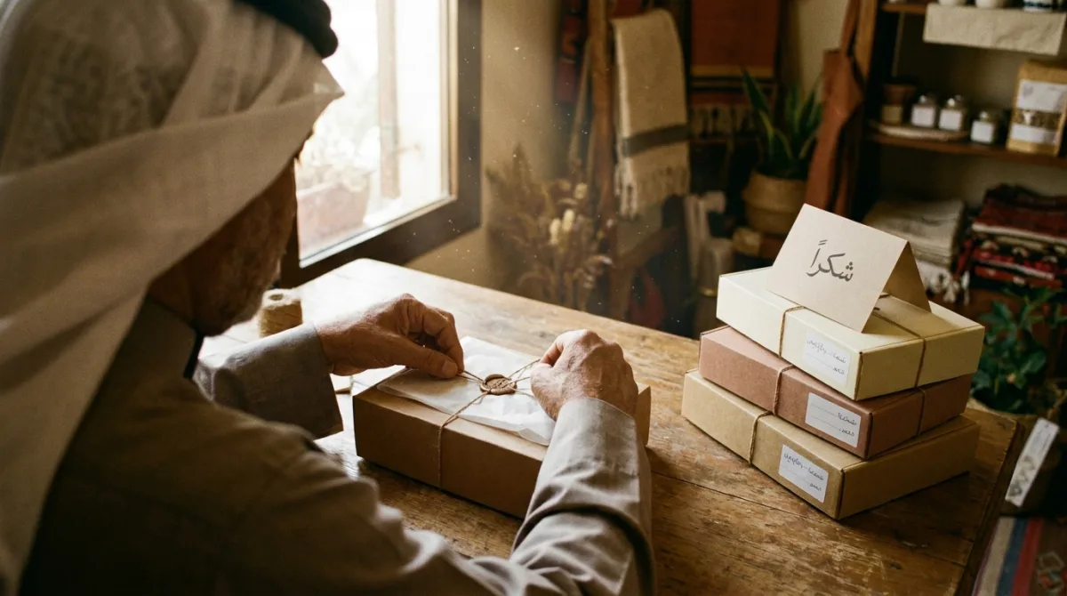 A store owner packing orders on a table in a small space next to neatly stacked boxes