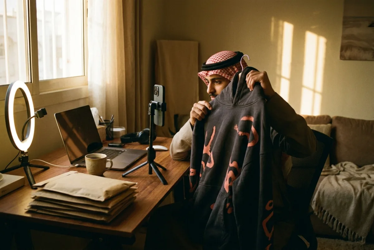 صانع محتوى سعودي يرفع هودي يحمل تصميم قناته أمام الكاميرا في ضوء الغروب