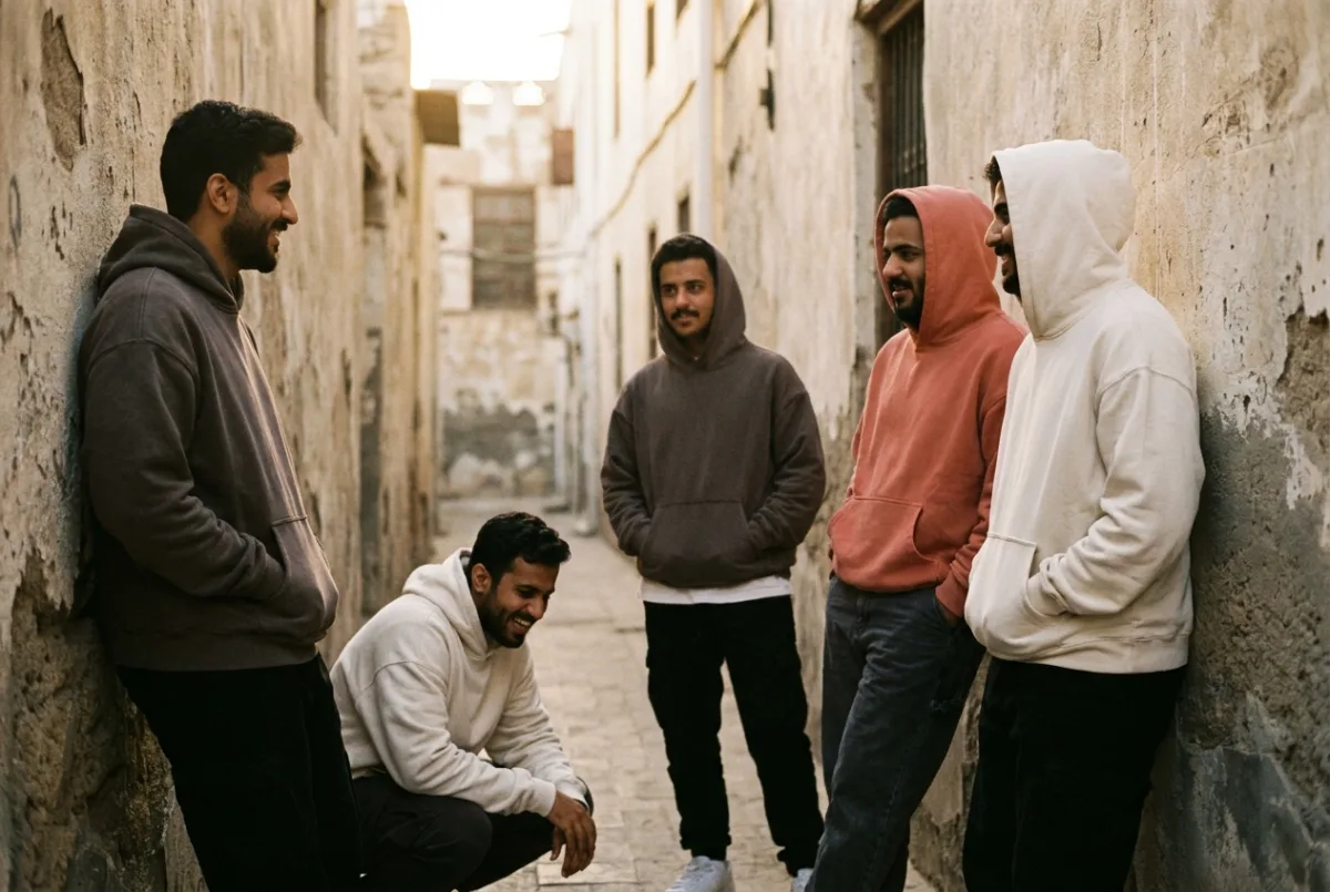 A group of young Saudis wearing heavyweight hoodies in an alley lit by golden-hour light