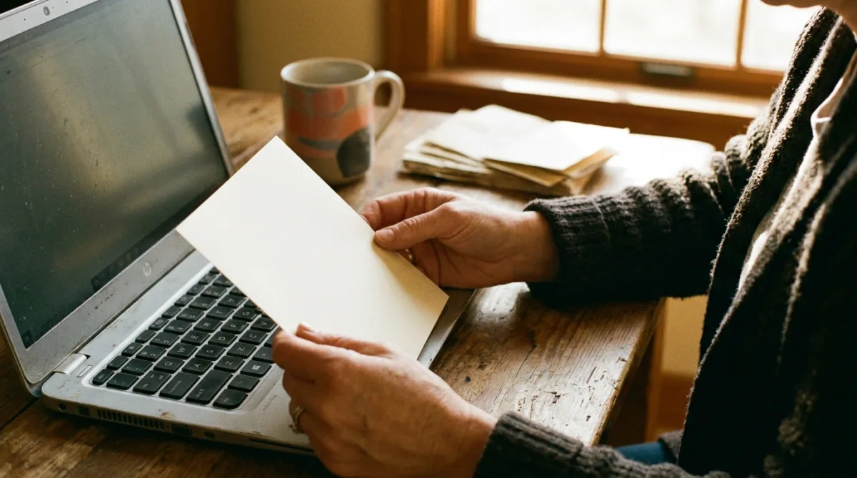 A small-business owner reviewing a tax invoice at a quiet work table