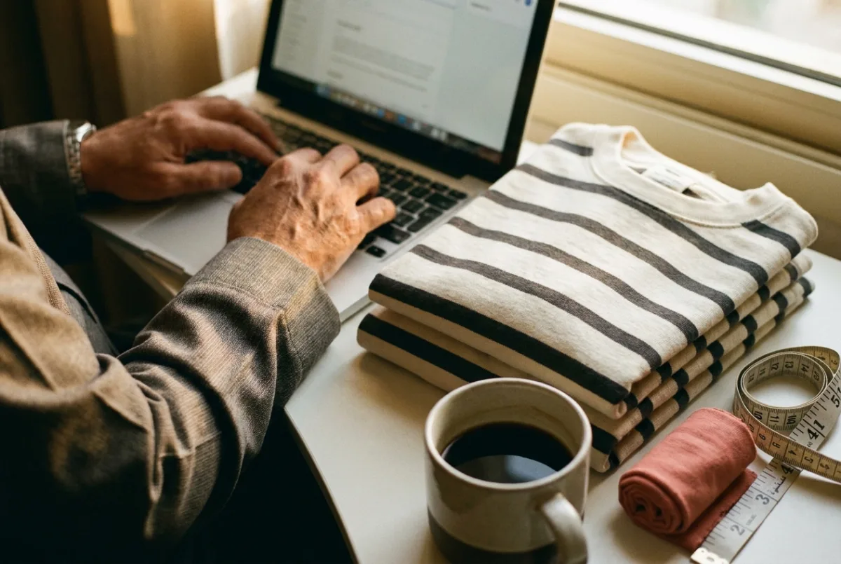 A person writing product copy on a laptop beside a folded tee and a coffee on a warm desk