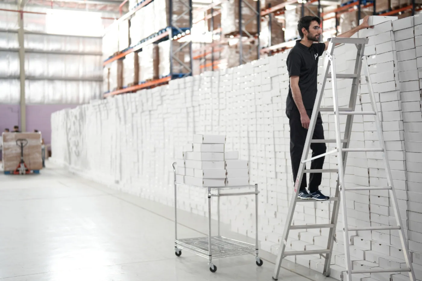 A Tamm worker on a ladder arranging the wall of ready orders in the warehouse